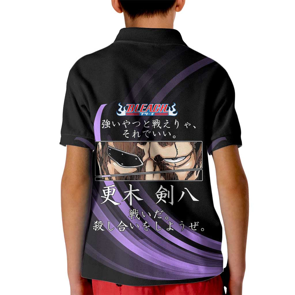 Kenpachi Zaraki Bleach Anime Black and Purple Theme Kid Polo Shirt with Battle Stance and Japanese Quote Design - The Mazicc