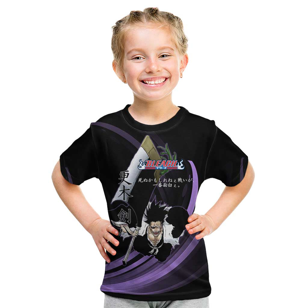 Kenpachi Zaraki Bleach Anime Black and Purple Theme Kid T Shirt with Battle Stance and Japanese Quote Design - The Mazicc
