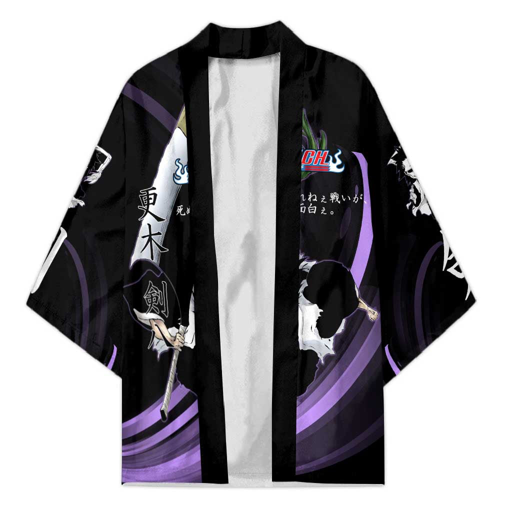 Kenpachi Zaraki Bleach Anime Black and Purple Theme Kimono with Battle Stance and Japanese Quote Design - The Mazicc
