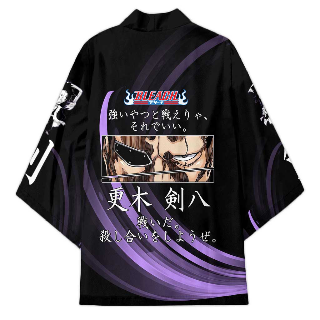 Kenpachi Zaraki Bleach Anime Black and Purple Theme Kimono with Battle Stance and Japanese Quote Design - The Mazicc