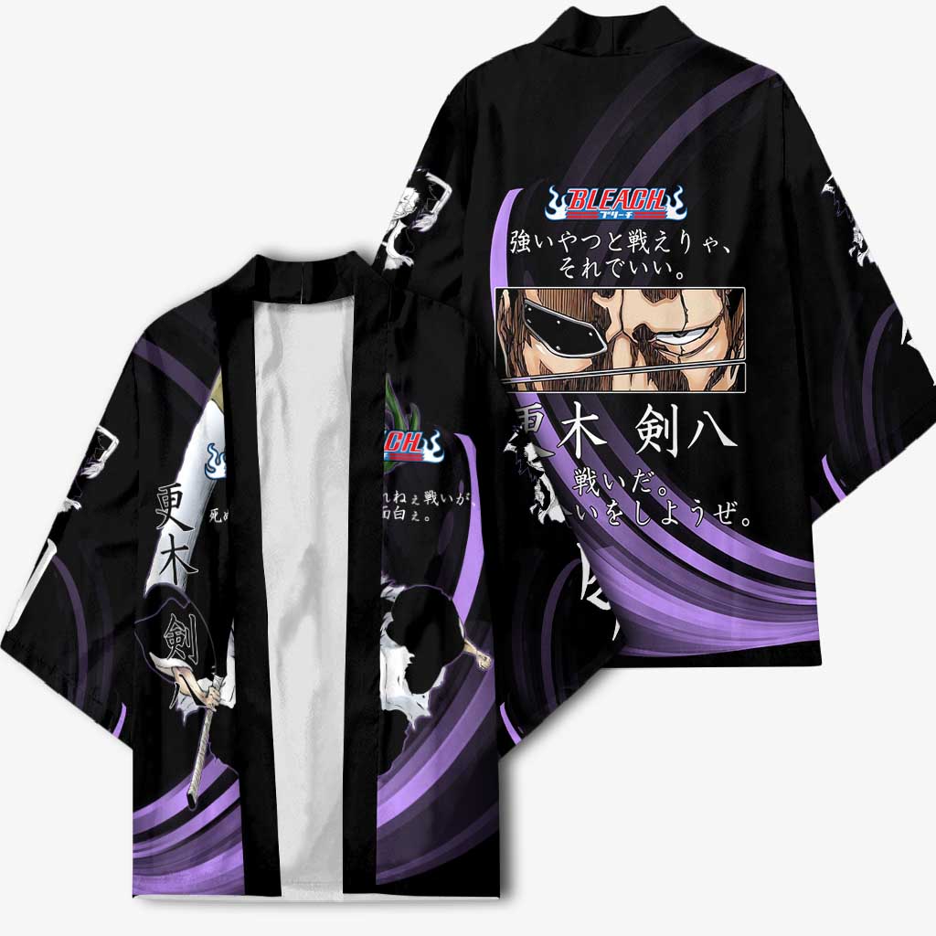 Kenpachi Zaraki Bleach Anime Black and Purple Theme Kimono with Battle Stance and Japanese Quote Design - The Mazicc