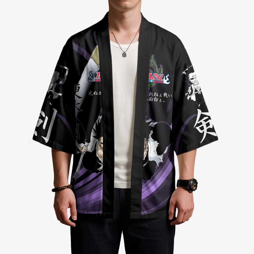 Kenpachi Zaraki Bleach Anime Black and Purple Theme Kimono with Battle Stance and Japanese Quote Design - The Mazicc