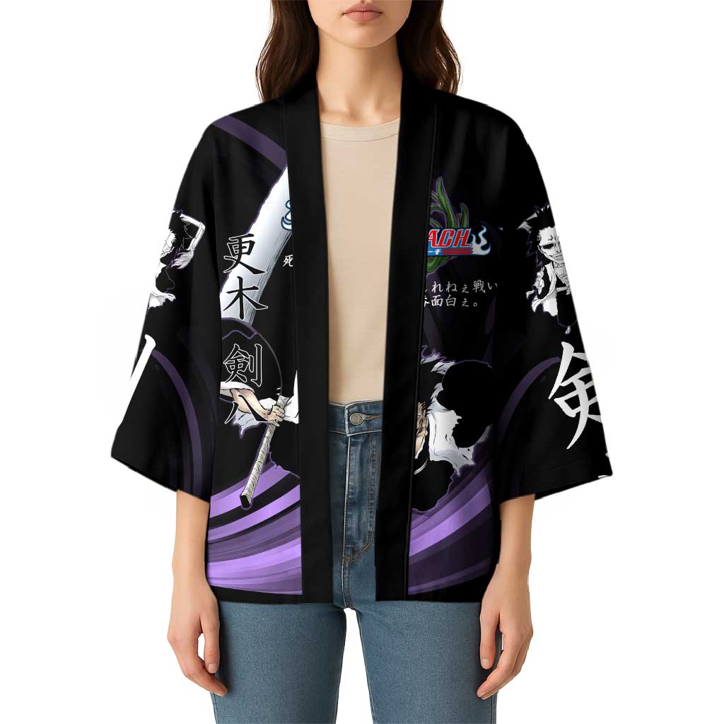 Kenpachi Zaraki Bleach Anime Black and Purple Theme Kimono with Battle Stance and Japanese Quote Design - The Mazicc