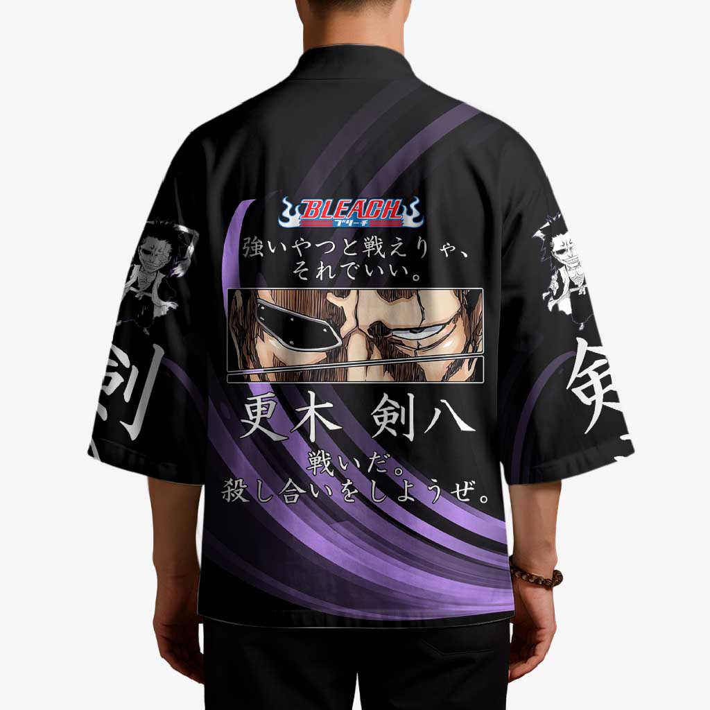 Kenpachi Zaraki Bleach Anime Black and Purple Theme Kimono with Battle Stance and Japanese Quote Design - The Mazicc