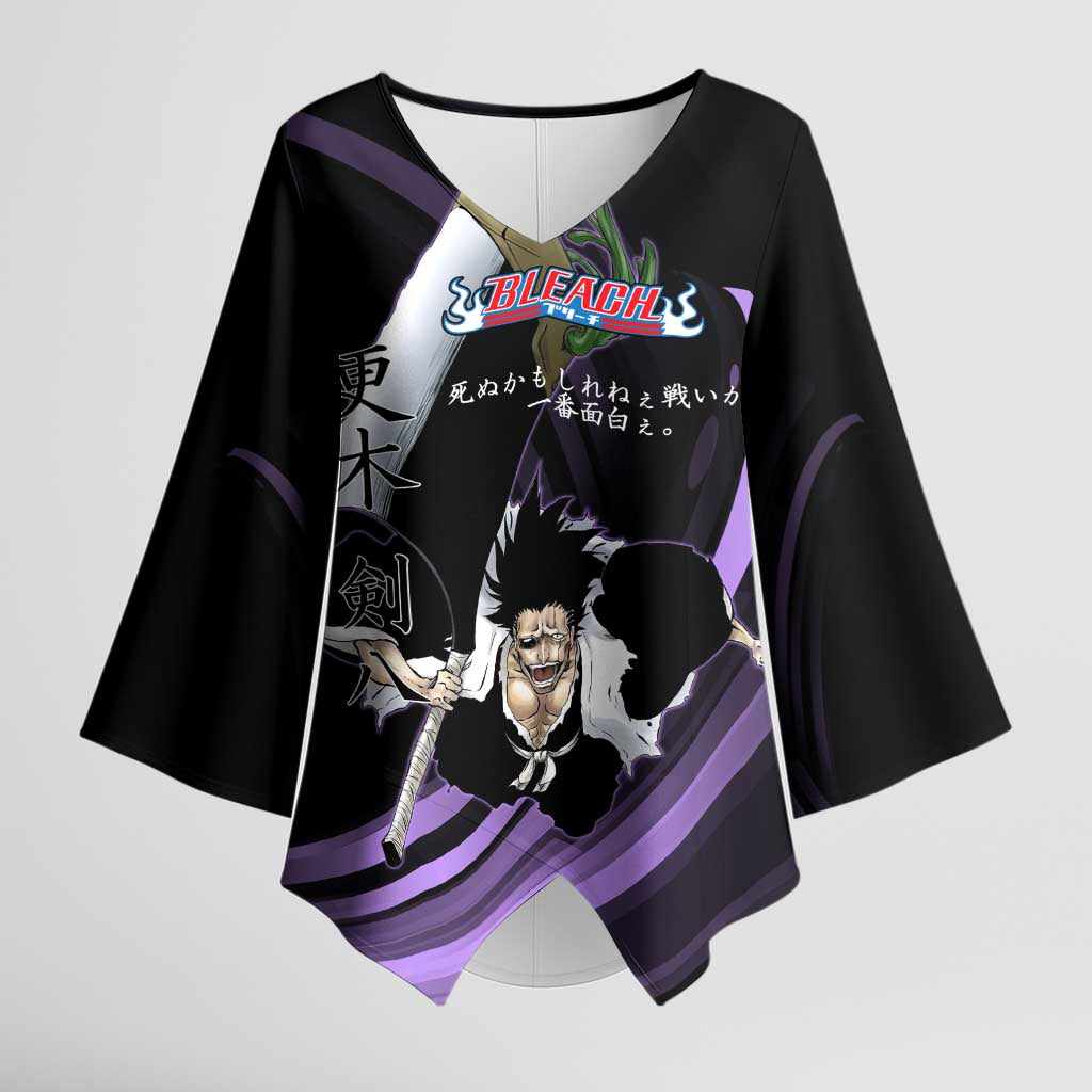 Kenpachi Zaraki Bleach Anime Black and Purple Theme Kimono Sleeve Blouse with Battle Stance and Japanese Quote Design - The Mazicc