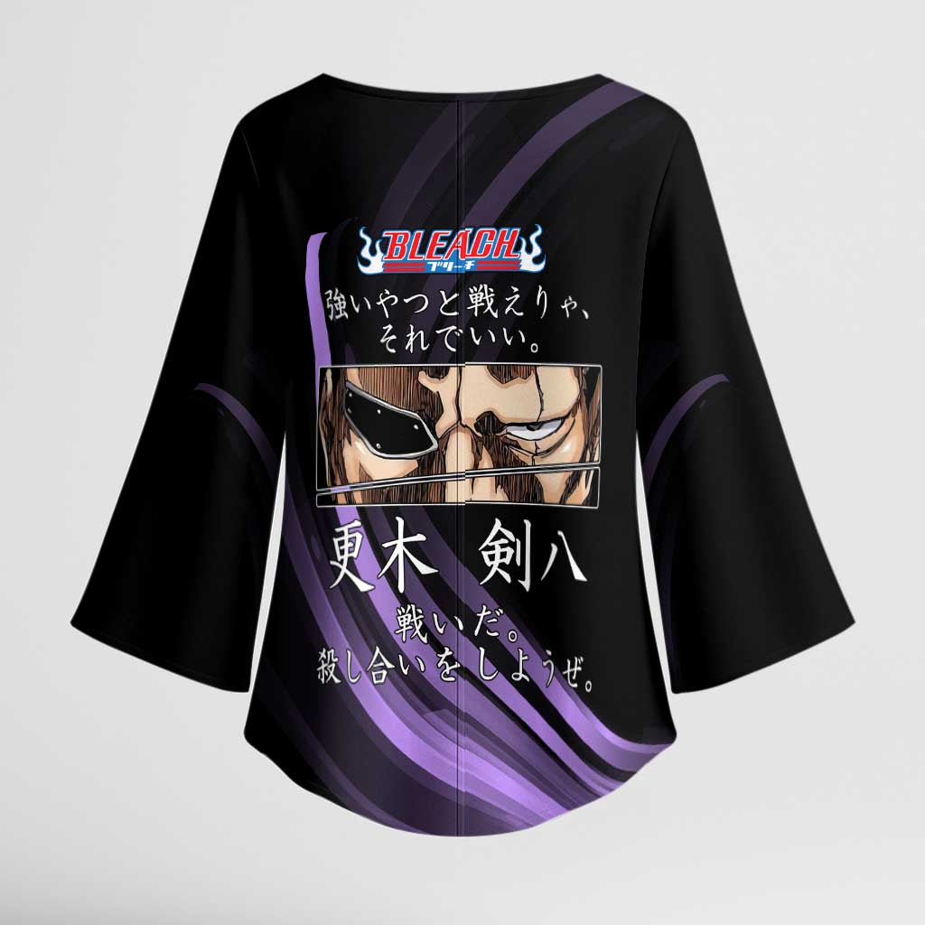 Kenpachi Zaraki Bleach Anime Black and Purple Theme Kimono Sleeve Blouse with Battle Stance and Japanese Quote Design - The Mazicc
