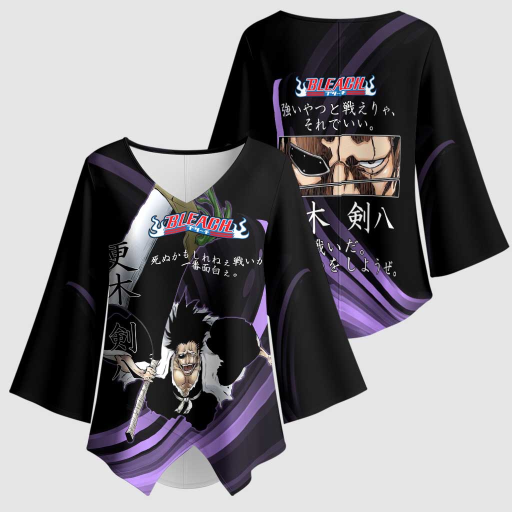 Kenpachi Zaraki Bleach Anime Black and Purple Theme Kimono Sleeve Blouse with Battle Stance and Japanese Quote Design - The Mazicc