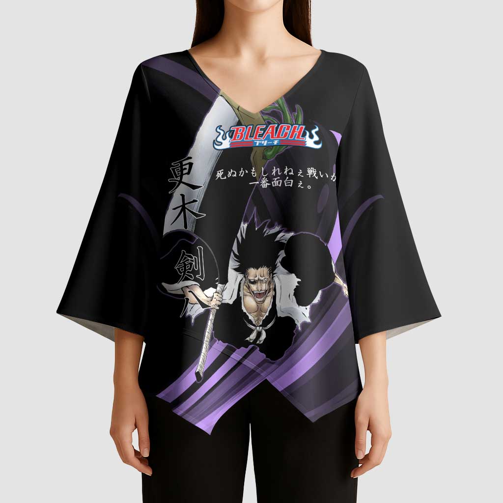 Kenpachi Zaraki Bleach Anime Black and Purple Theme Kimono Sleeve Blouse with Battle Stance and Japanese Quote Design - The Mazicc