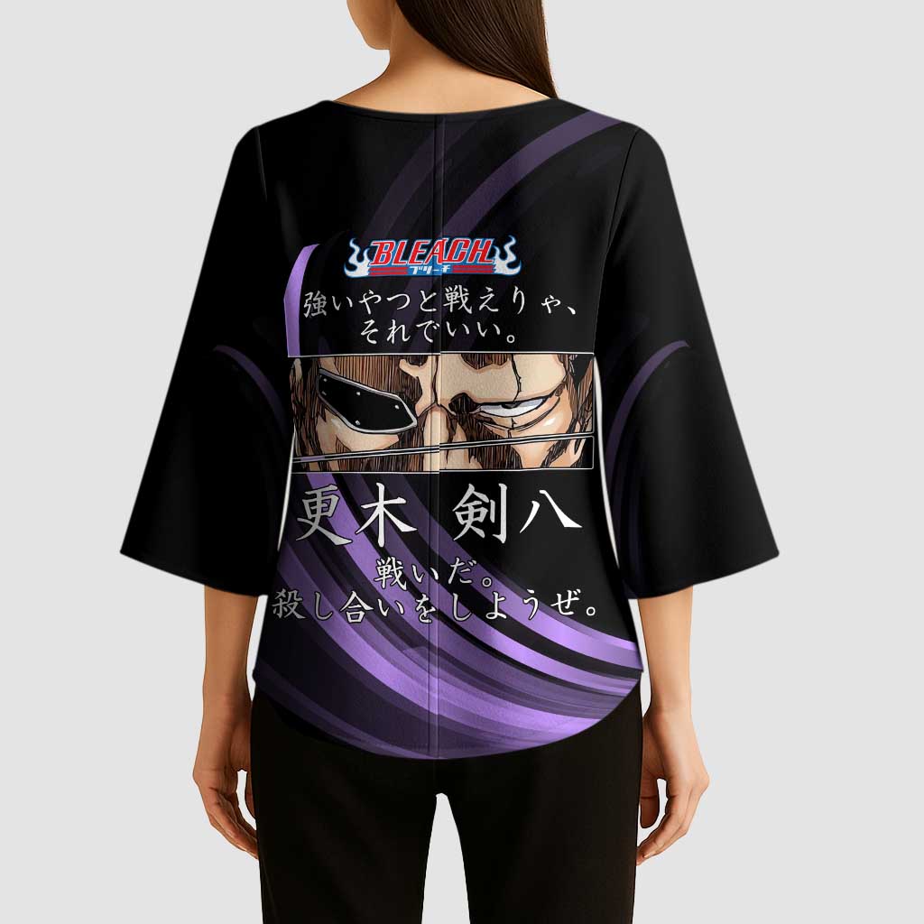 Kenpachi Zaraki Bleach Anime Black and Purple Theme Kimono Sleeve Blouse with Battle Stance and Japanese Quote Design - The Mazicc