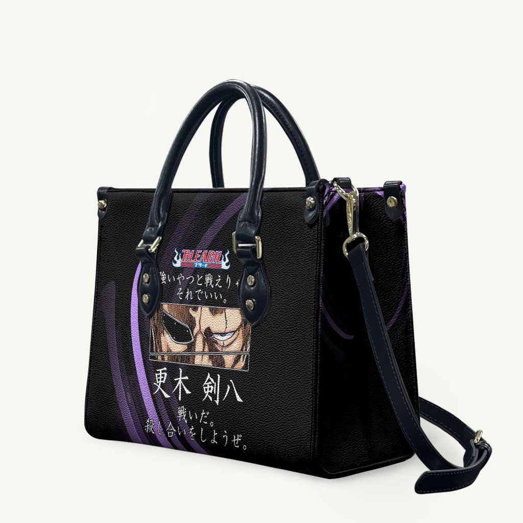 Kenpachi Zaraki Bleach Anime Black and Purple Theme Leather Bag with Battle Stance and Japanese Quote Design - The Mazicc