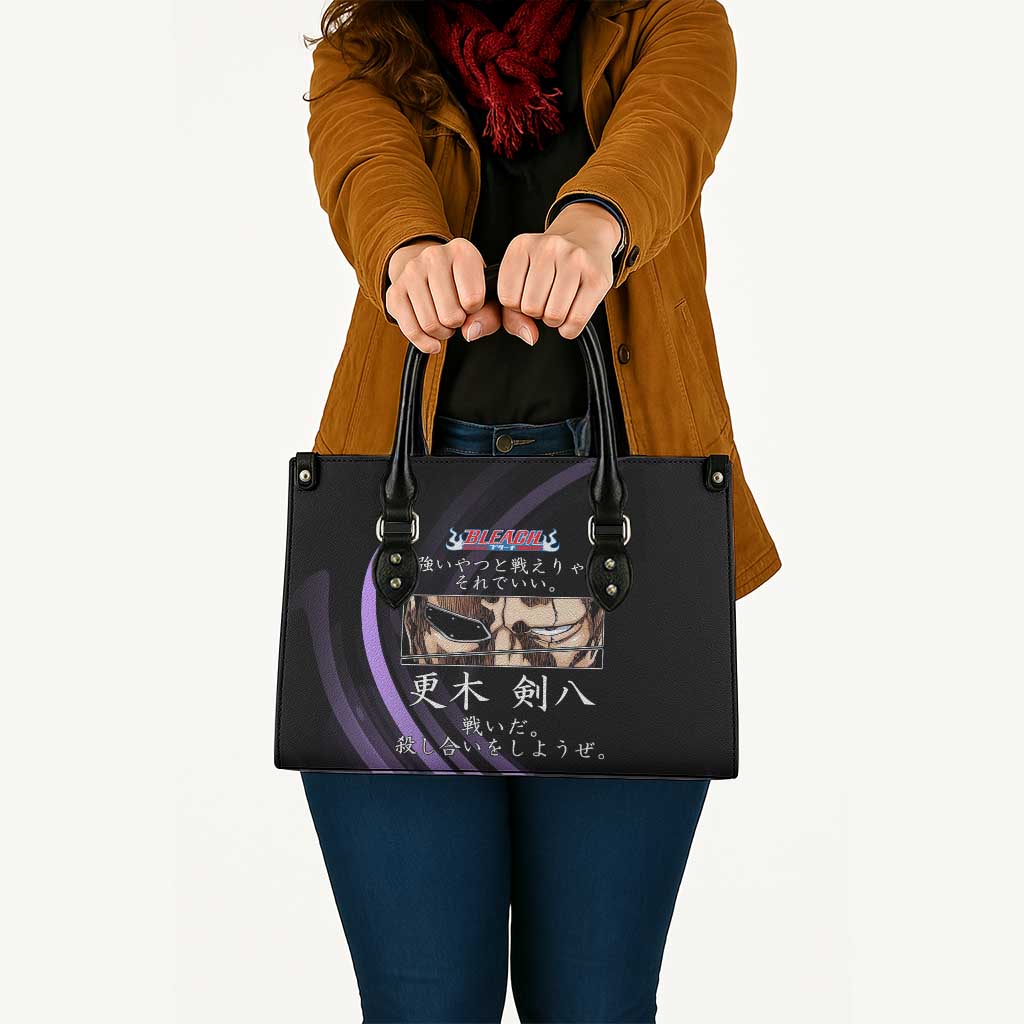 Kenpachi Zaraki Bleach Anime Black and Purple Theme Leather Bag with Battle Stance and Japanese Quote Design - The Mazicc