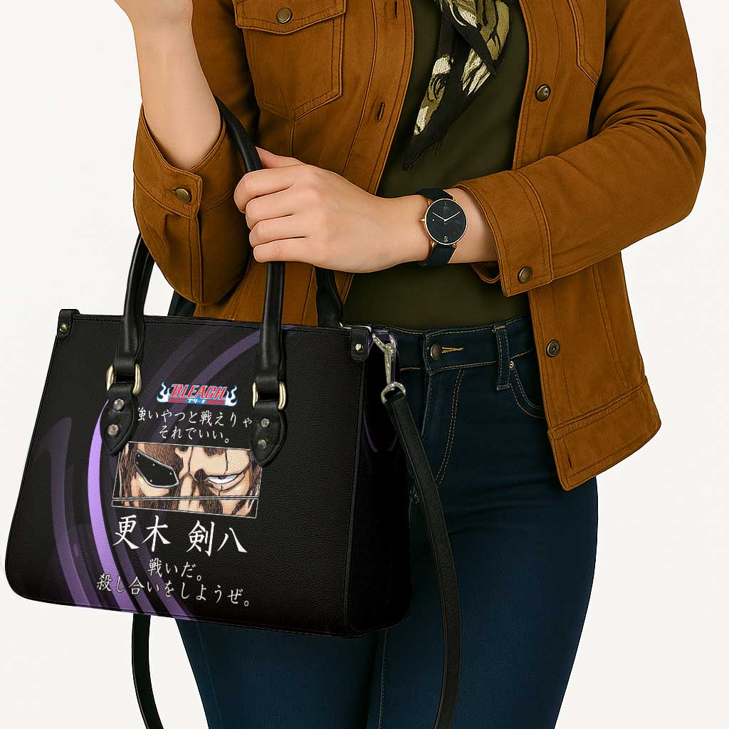 Kenpachi Zaraki Bleach Anime Black and Purple Theme Leather Bag with Battle Stance and Japanese Quote Design - The Mazicc