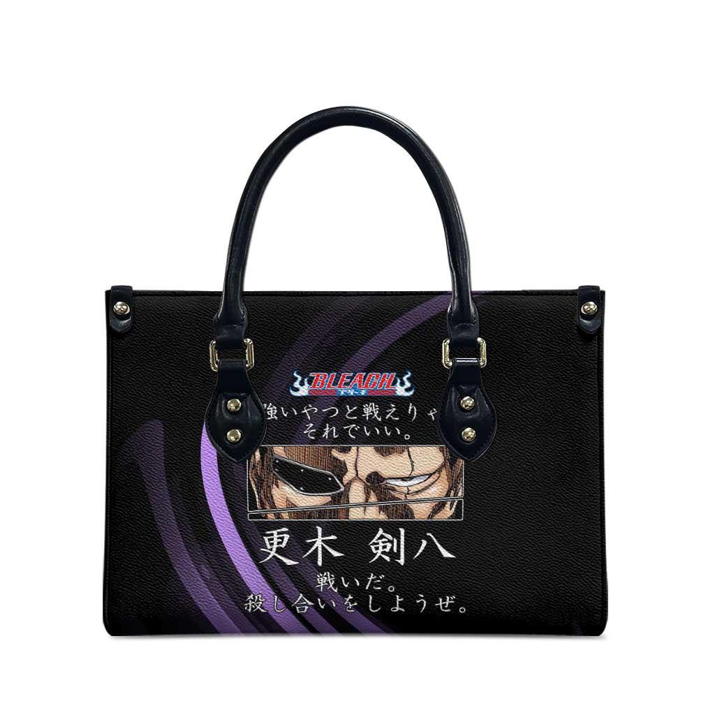 Kenpachi Zaraki Bleach Anime Black and Purple Theme Leather Bag with Battle Stance and Japanese Quote Design - The Mazicc