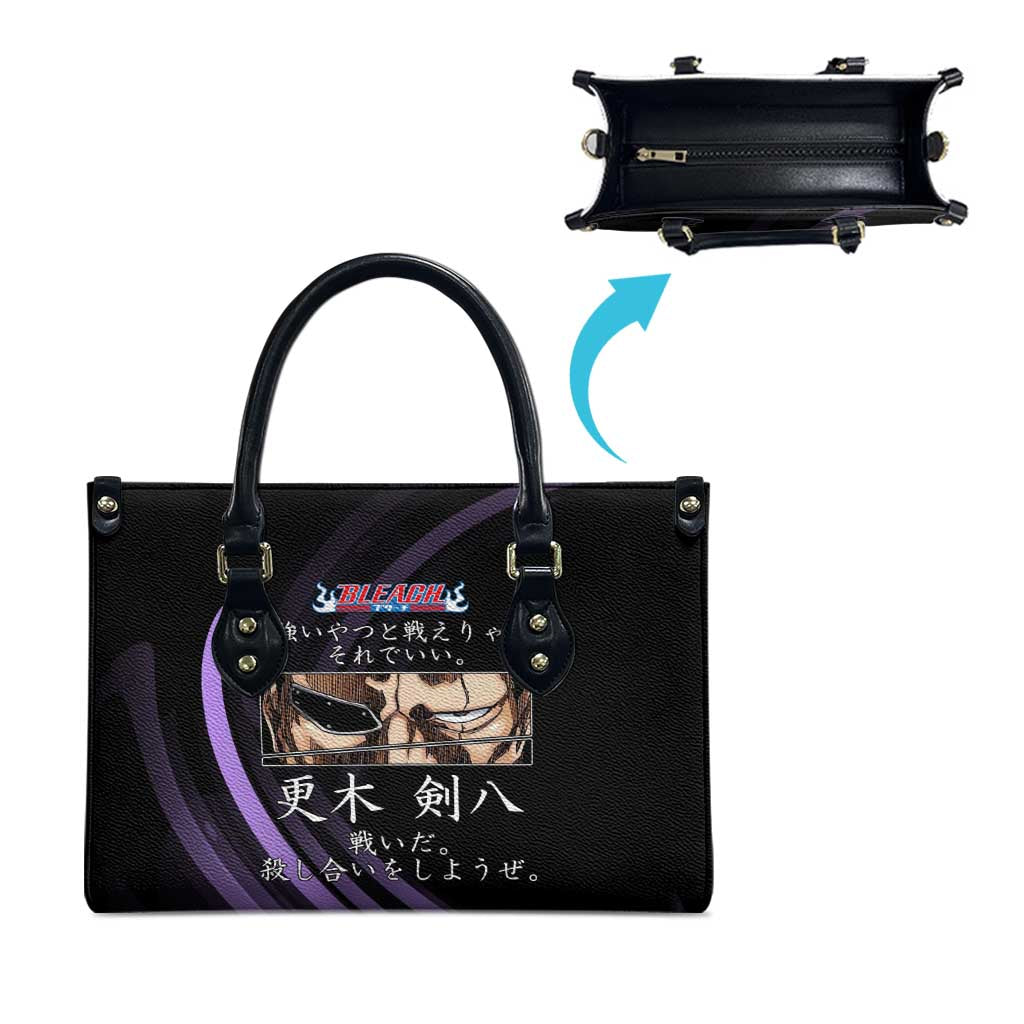 Kenpachi Zaraki Bleach Anime Black and Purple Theme Leather Bag with Battle Stance and Japanese Quote Design - The Mazicc