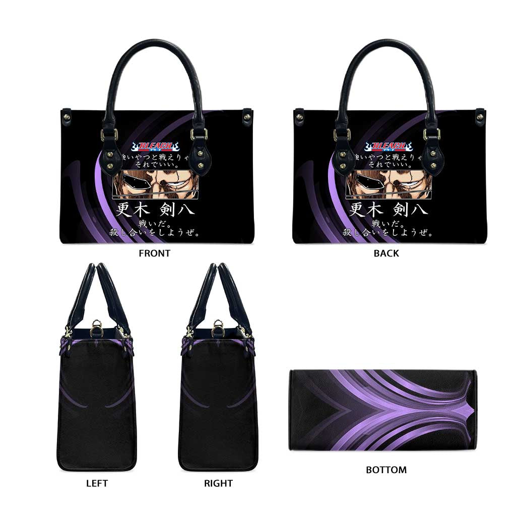 Kenpachi Zaraki Bleach Anime Black and Purple Theme Leather Bag with Battle Stance and Japanese Quote Design - The Mazicc