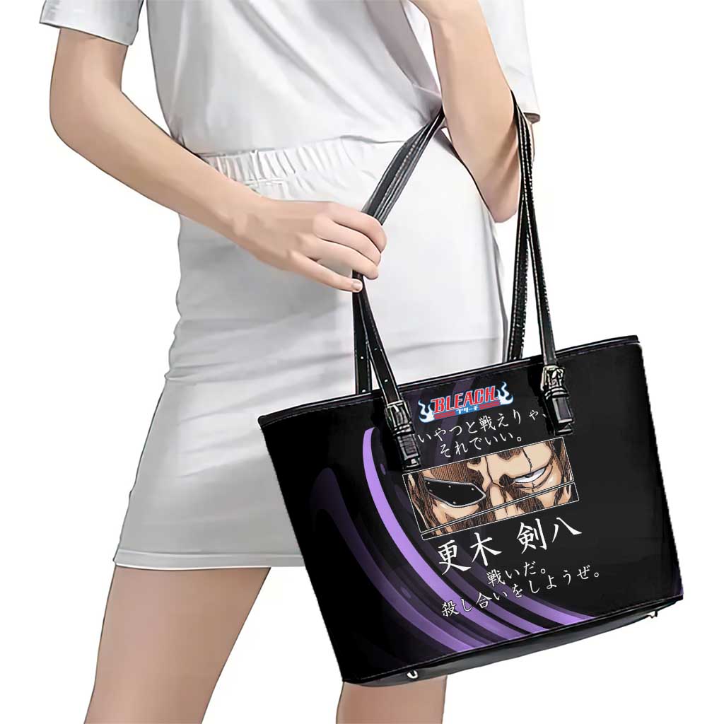 Kenpachi Zaraki Bleach Anime Black and Purple Theme Leather Tote Bag with Battle Stance and Japanese Quote Design - The Mazicc