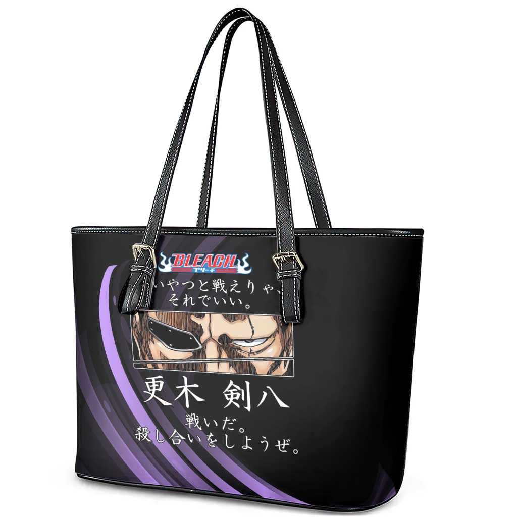 Kenpachi Zaraki Bleach Anime Black and Purple Theme Leather Tote Bag with Battle Stance and Japanese Quote Design - The Mazicc