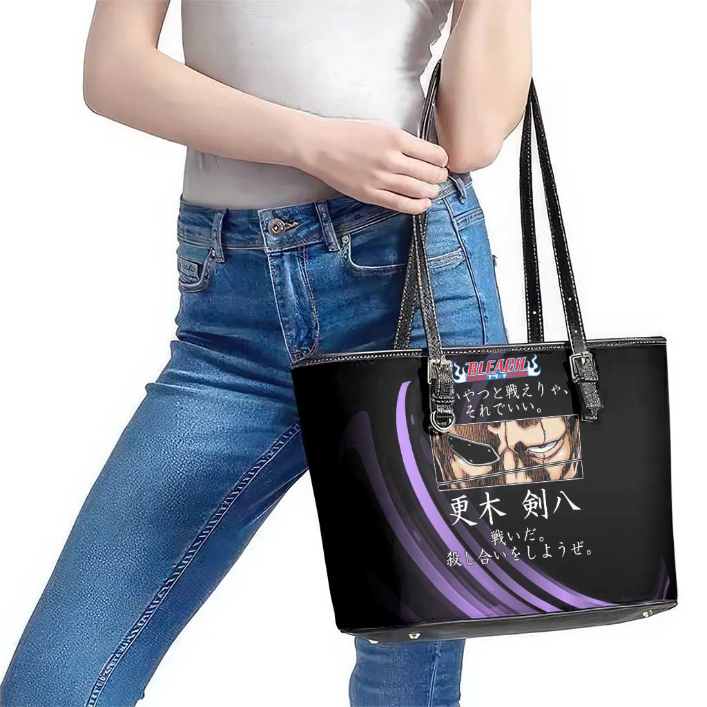 Kenpachi Zaraki Bleach Anime Black and Purple Theme Leather Tote Bag with Battle Stance and Japanese Quote Design - The Mazicc