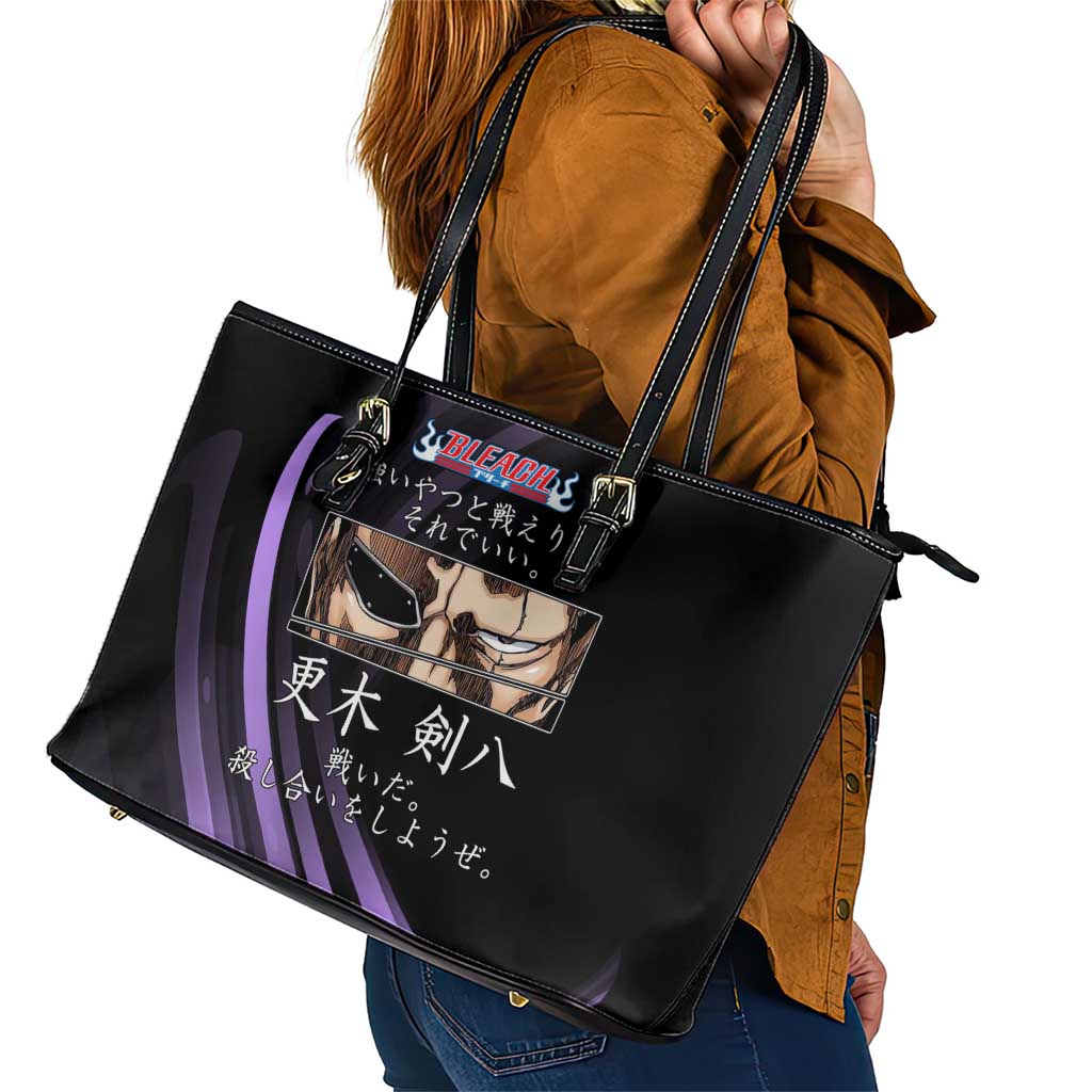 Kenpachi Zaraki Bleach Anime Black and Purple Theme Leather Tote Bag with Battle Stance and Japanese Quote Design - The Mazicc