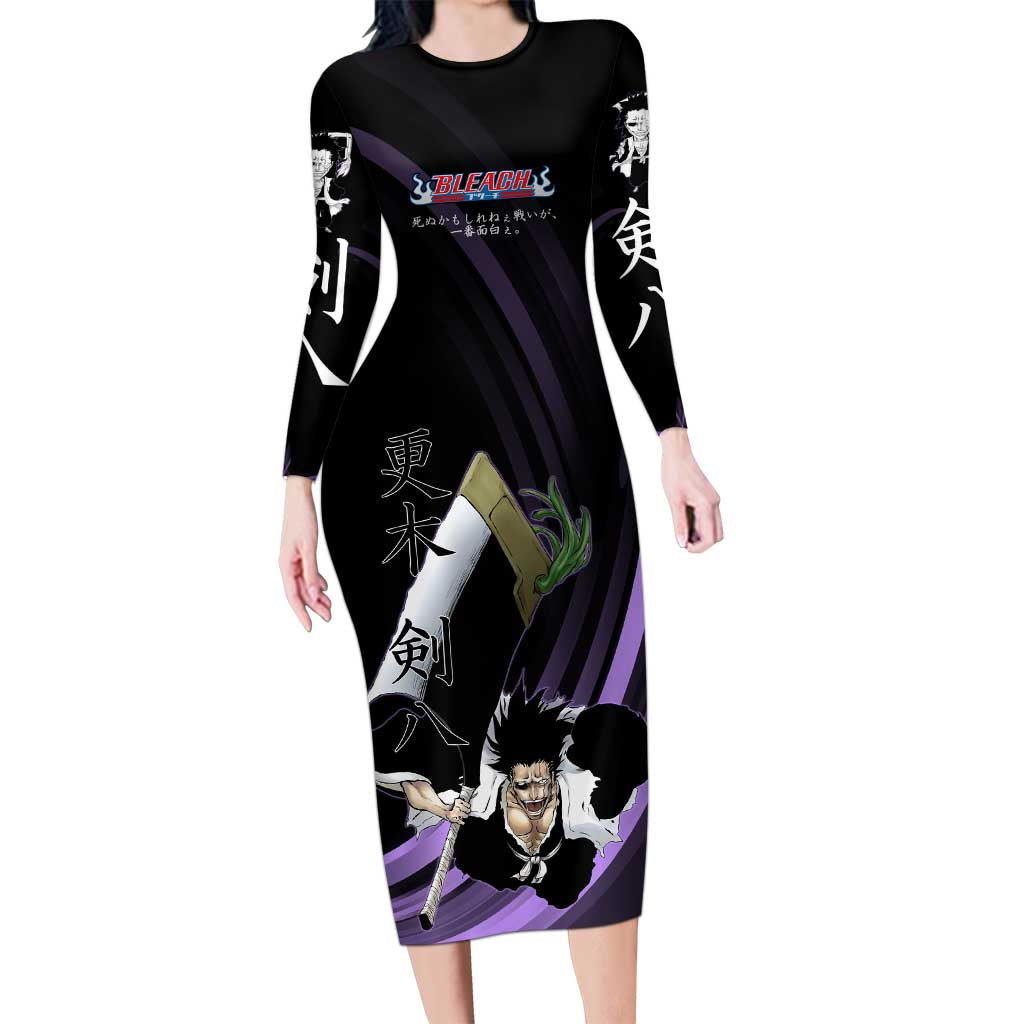 Kenpachi Zaraki Bleach Anime Black and Purple Theme Long Sleeve Bodycon Dress with Battle Stance and Japanese Quote Design - The Mazicc