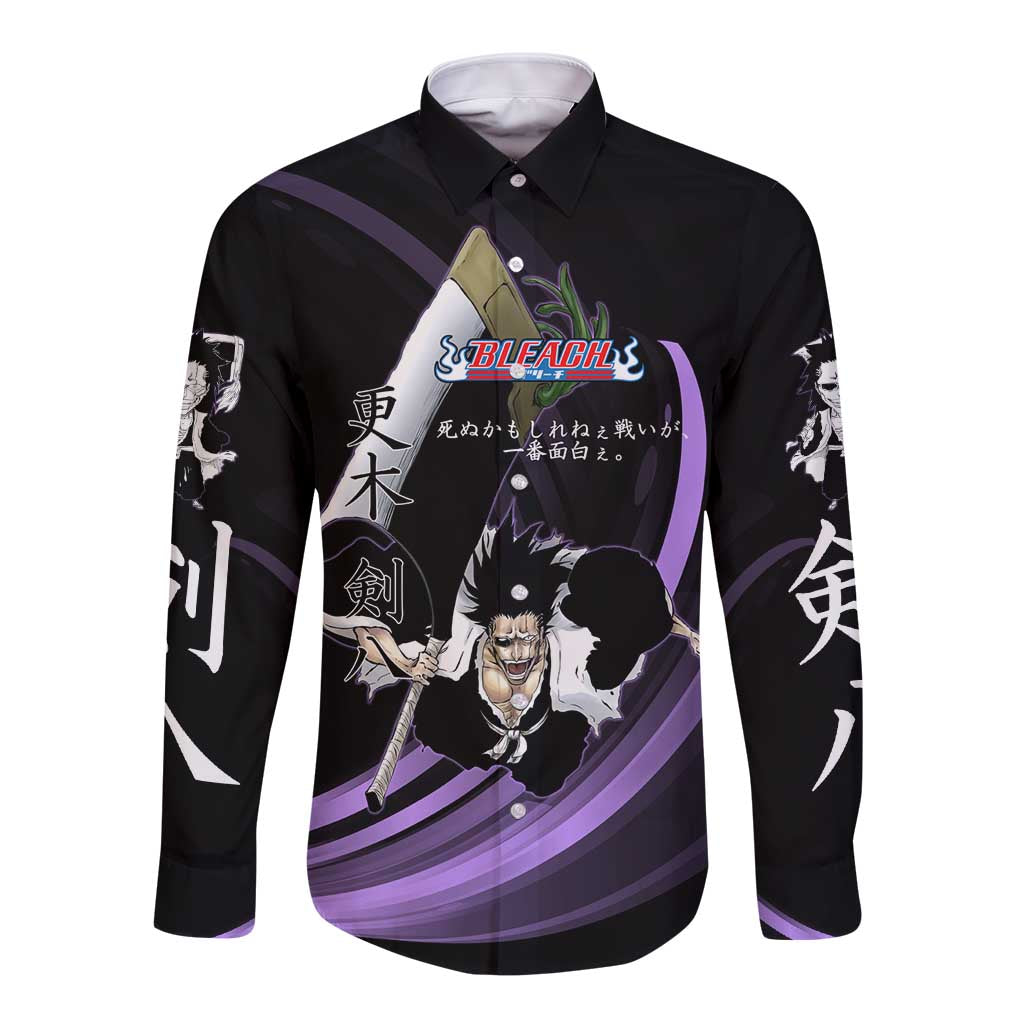 Kenpachi Zaraki Bleach Anime Black and Purple Theme Long Sleeve Button Shirt with Battle Stance and Japanese Quote Design - The Mazicc