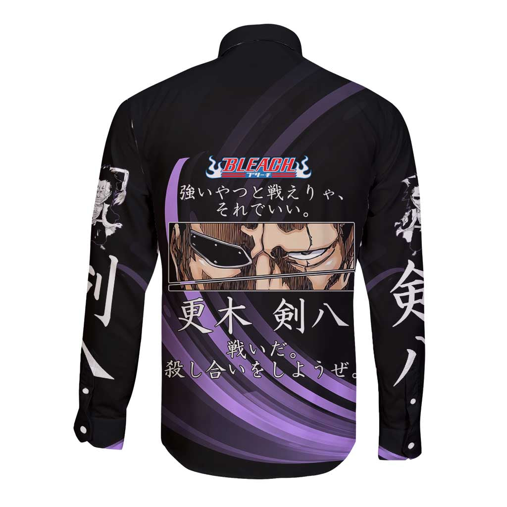 Kenpachi Zaraki Bleach Anime Black and Purple Theme Long Sleeve Button Shirt with Battle Stance and Japanese Quote Design - The Mazicc