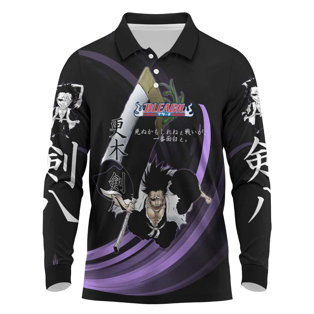Kenpachi Zaraki Bleach Anime Black and Purple Theme Long Sleeve Polo Shirt with Battle Stance and Japanese Quote Design - The Mazicc