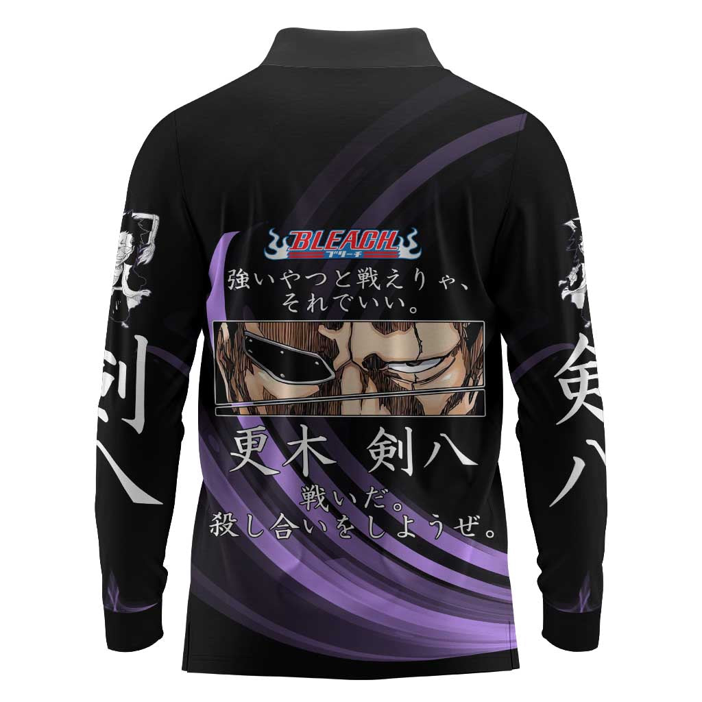 Kenpachi Zaraki Bleach Anime Black and Purple Theme Long Sleeve Polo Shirt with Battle Stance and Japanese Quote Design - The Mazicc