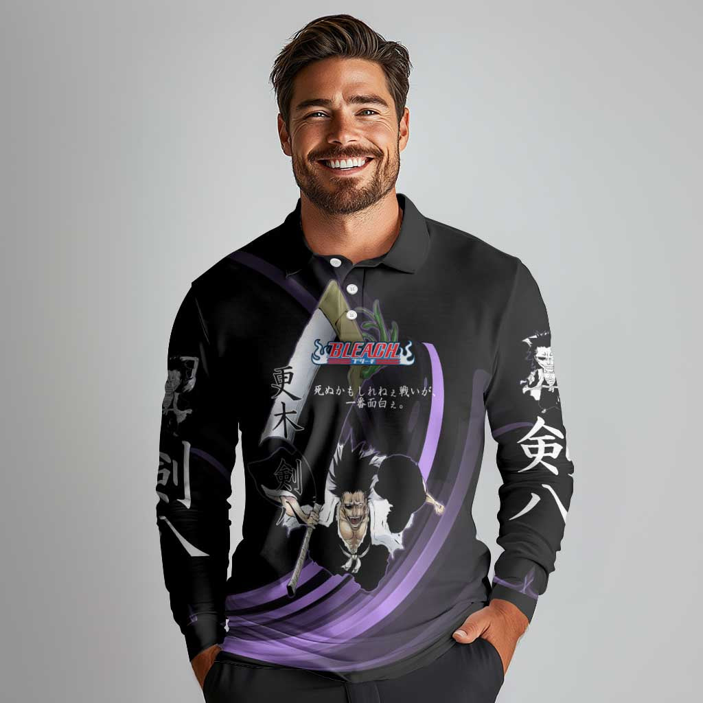 Kenpachi Zaraki Bleach Anime Black and Purple Theme Long Sleeve Polo Shirt with Battle Stance and Japanese Quote Design - The Mazicc
