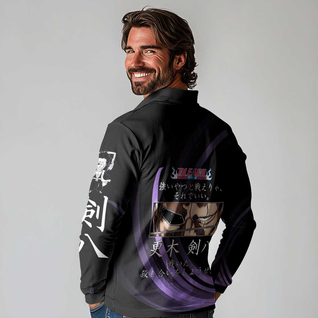 Kenpachi Zaraki Bleach Anime Black and Purple Theme Long Sleeve Polo Shirt with Battle Stance and Japanese Quote Design - The Mazicc