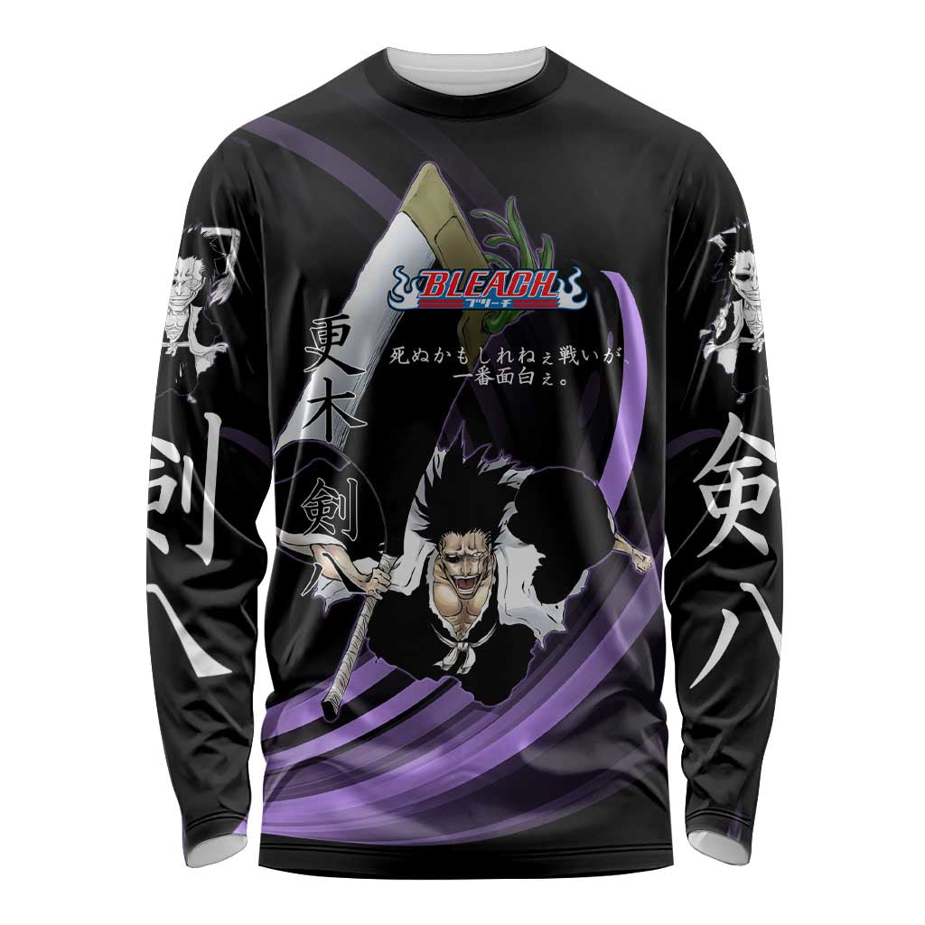 Kenpachi Zaraki Bleach Anime Black and Purple Theme Long Sleeve Shirt with Battle Stance and Japanese Quote Design - The Mazicc