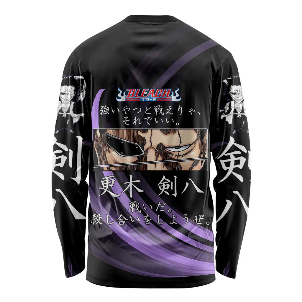 Kenpachi Zaraki Bleach Anime Black and Purple Theme Long Sleeve Shirt with Battle Stance and Japanese Quote Design - The Mazicc