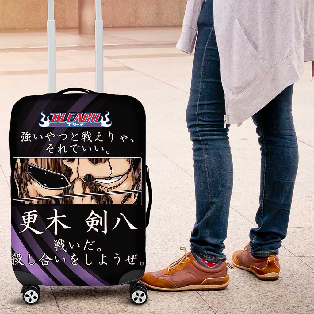 Kenpachi Zaraki Bleach Anime Black and Purple Theme Luggage Cover with Battle Stance and Japanese Quote Design - The Mazicc