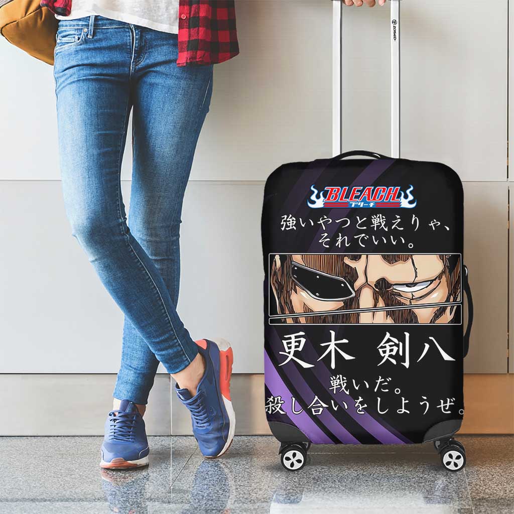 Kenpachi Zaraki Bleach Anime Black and Purple Theme Luggage Cover with Battle Stance and Japanese Quote Design - The Mazicc