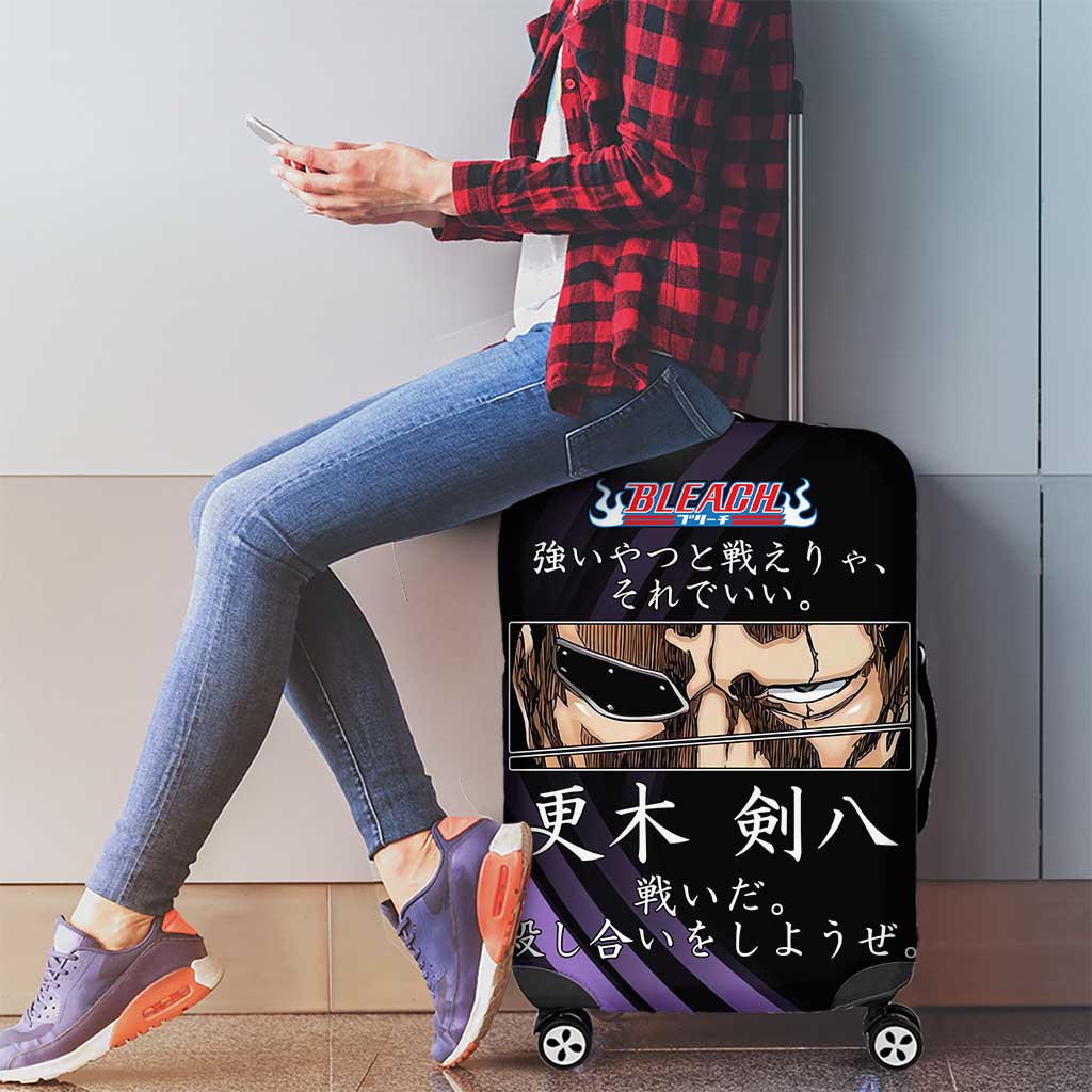Kenpachi Zaraki Bleach Anime Black and Purple Theme Luggage Cover with Battle Stance and Japanese Quote Design - The Mazicc