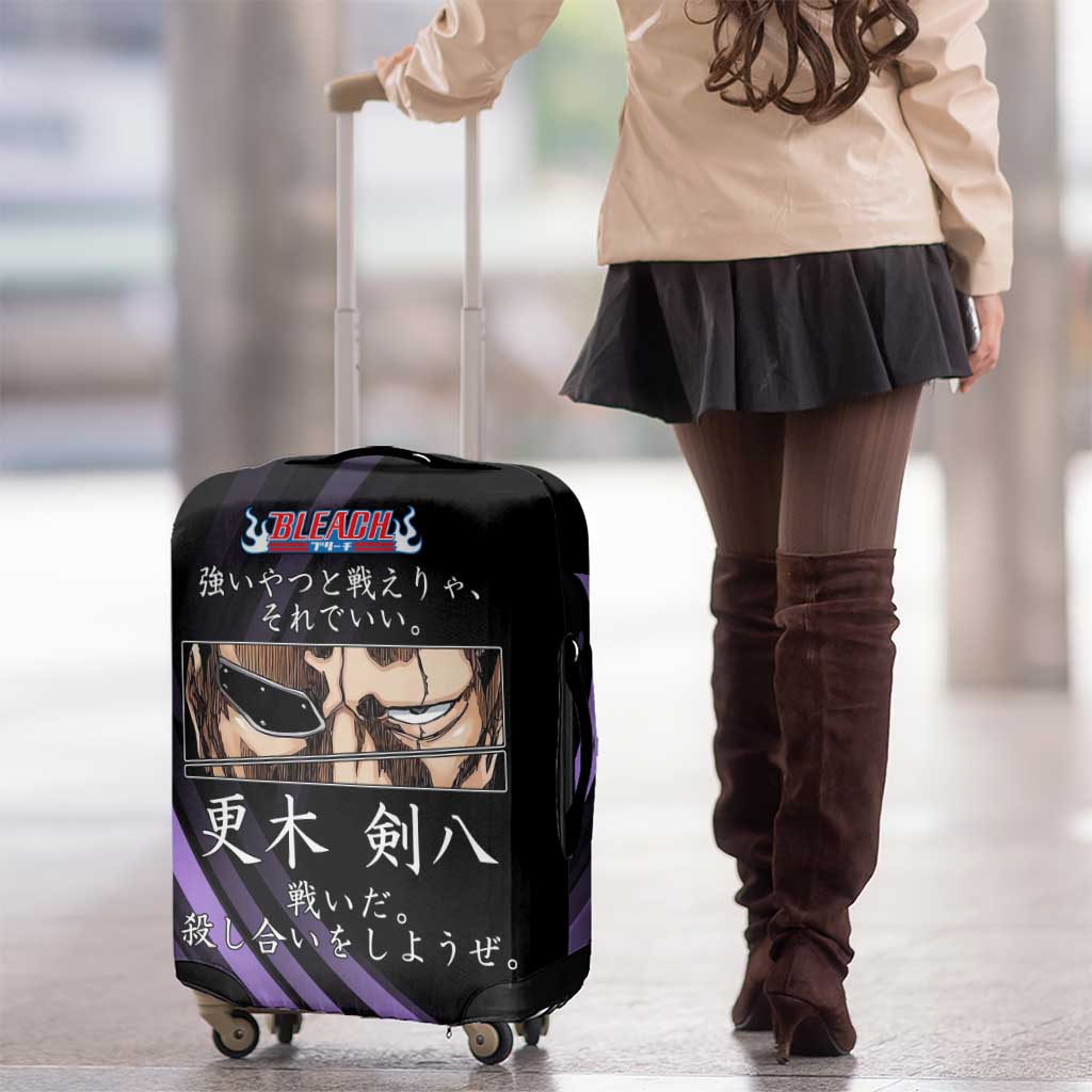 Kenpachi Zaraki Bleach Anime Black and Purple Theme Luggage Cover with Battle Stance and Japanese Quote Design - The Mazicc