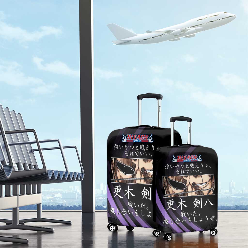 Kenpachi Zaraki Bleach Anime Black and Purple Theme Luggage Cover with Battle Stance and Japanese Quote Design - The Mazicc