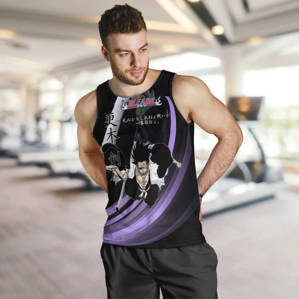 Kenpachi Zaraki Bleach Anime Black and Purple Theme Men Tank Top with Battle Stance and Japanese Quote Design - The Mazicc