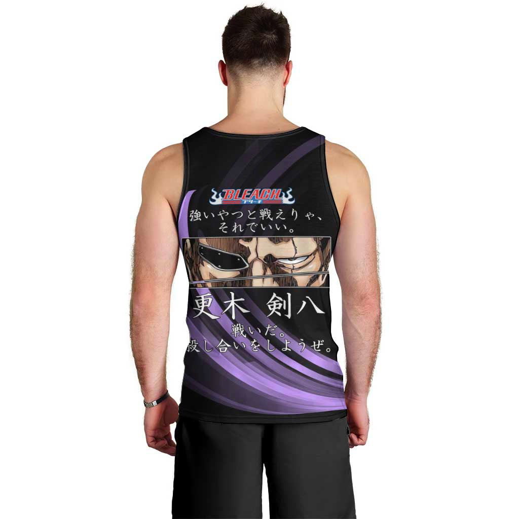 Kenpachi Zaraki Bleach Anime Black and Purple Theme Men Tank Top with Battle Stance and Japanese Quote Design - The Mazicc