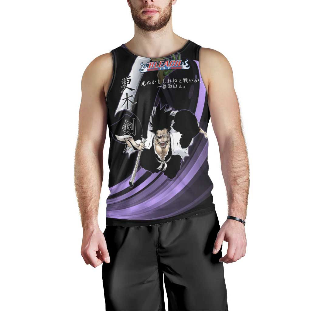 Kenpachi Zaraki Bleach Anime Black and Purple Theme Men Tank Top with Battle Stance and Japanese Quote Design - The Mazicc