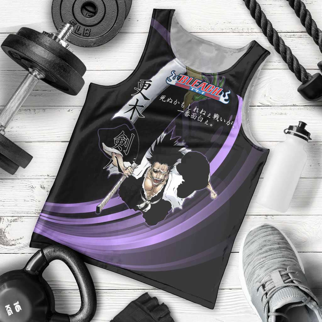Kenpachi Zaraki Bleach Anime Black and Purple Theme Men Tank Top with Battle Stance and Japanese Quote Design - The Mazicc