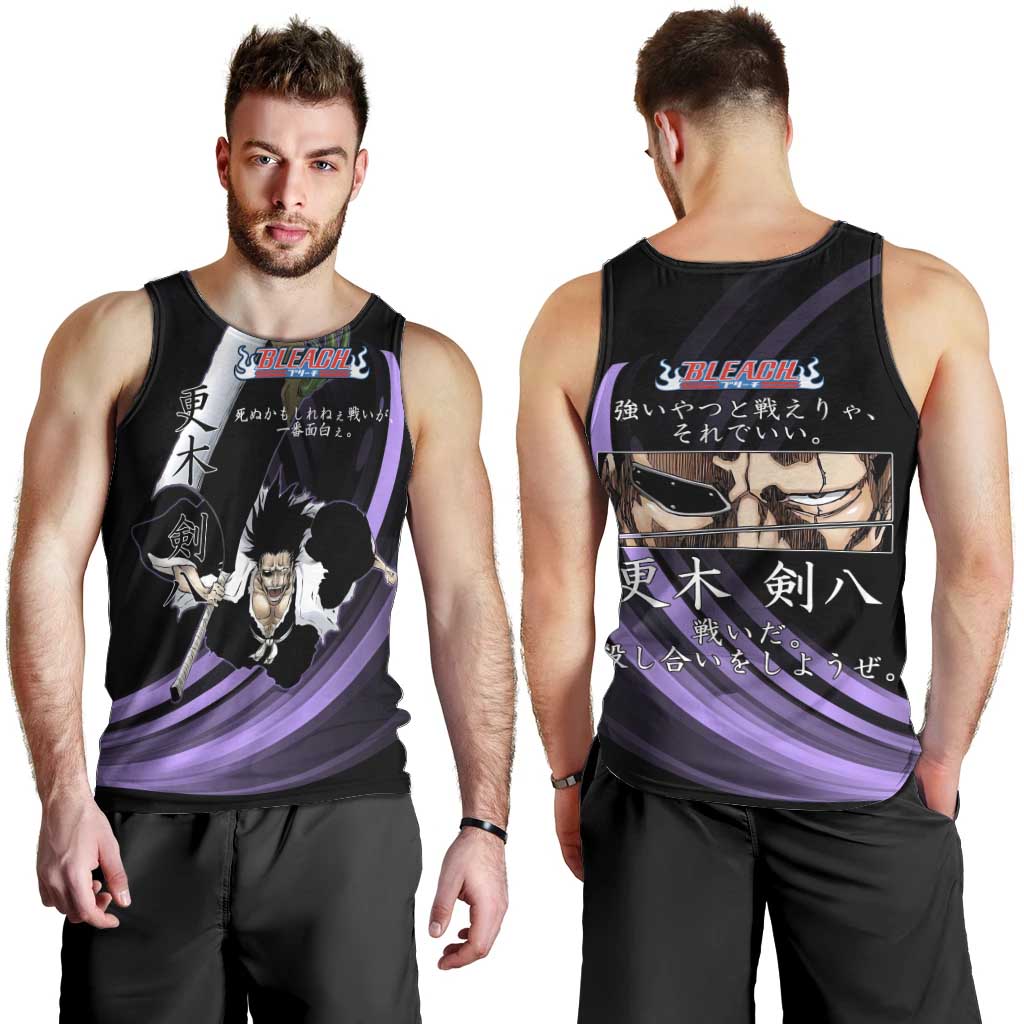 Kenpachi Zaraki Bleach Anime Black and Purple Theme Men Tank Top with Battle Stance and Japanese Quote Design - The Mazicc