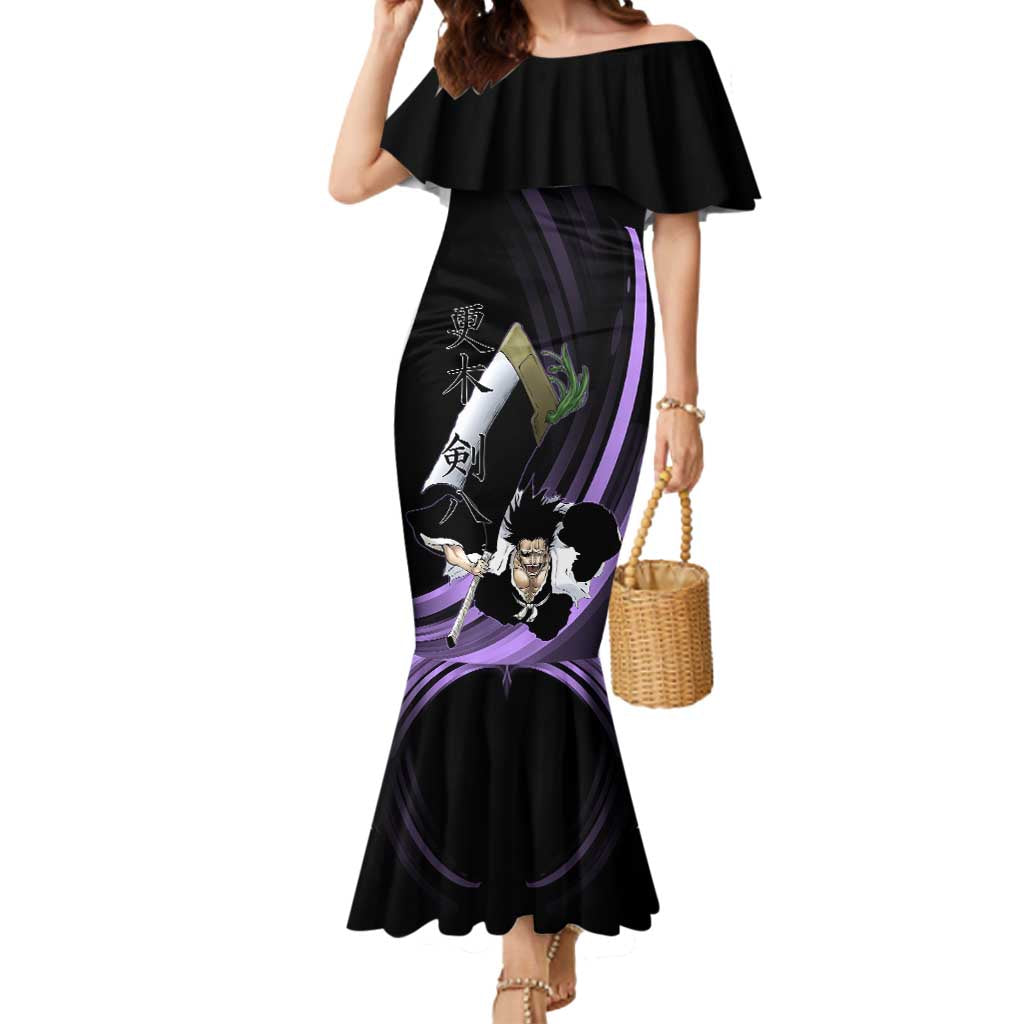 Kenpachi Zaraki Bleach Anime Black and Purple Theme Mermaid Dress with Battle Stance and Japanese Quote Design - The Mazicc