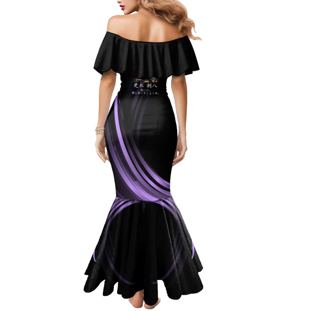 Kenpachi Zaraki Bleach Anime Black and Purple Theme Mermaid Dress with Battle Stance and Japanese Quote Design - The Mazicc