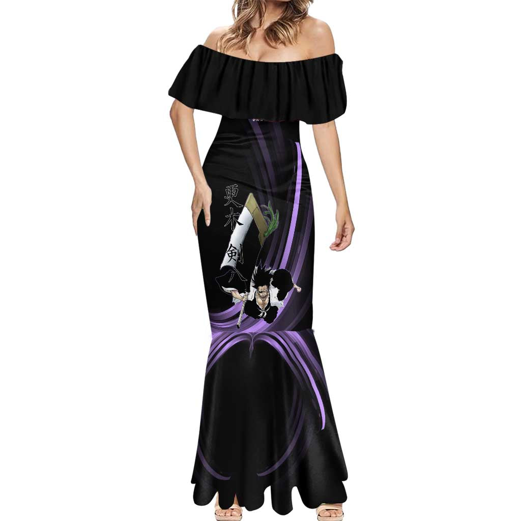 Kenpachi Zaraki Bleach Anime Black and Purple Theme Mermaid Dress with Battle Stance and Japanese Quote Design - The Mazicc