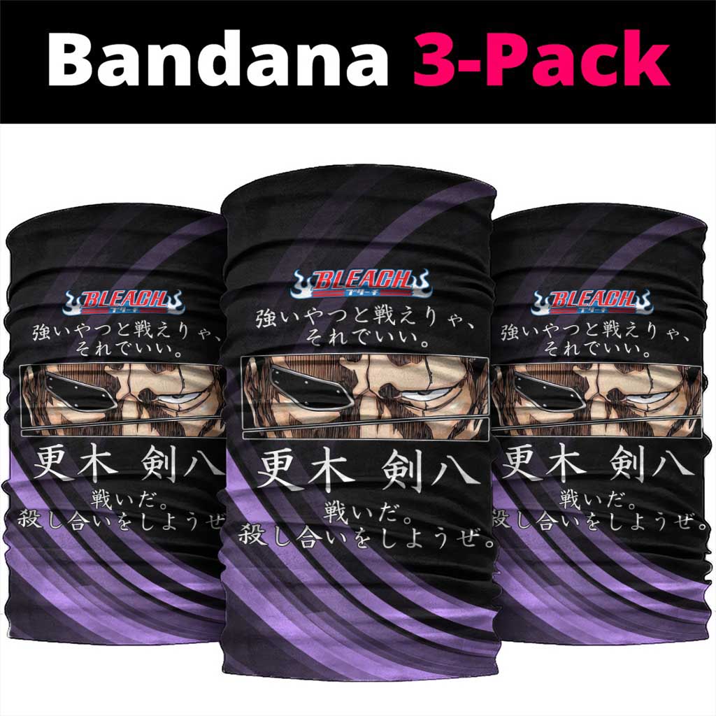Kenpachi Zaraki Bleach Anime Black and Purple Theme Neck Gaiter with Battle Stance and Japanese Quote Design - The Mazicc