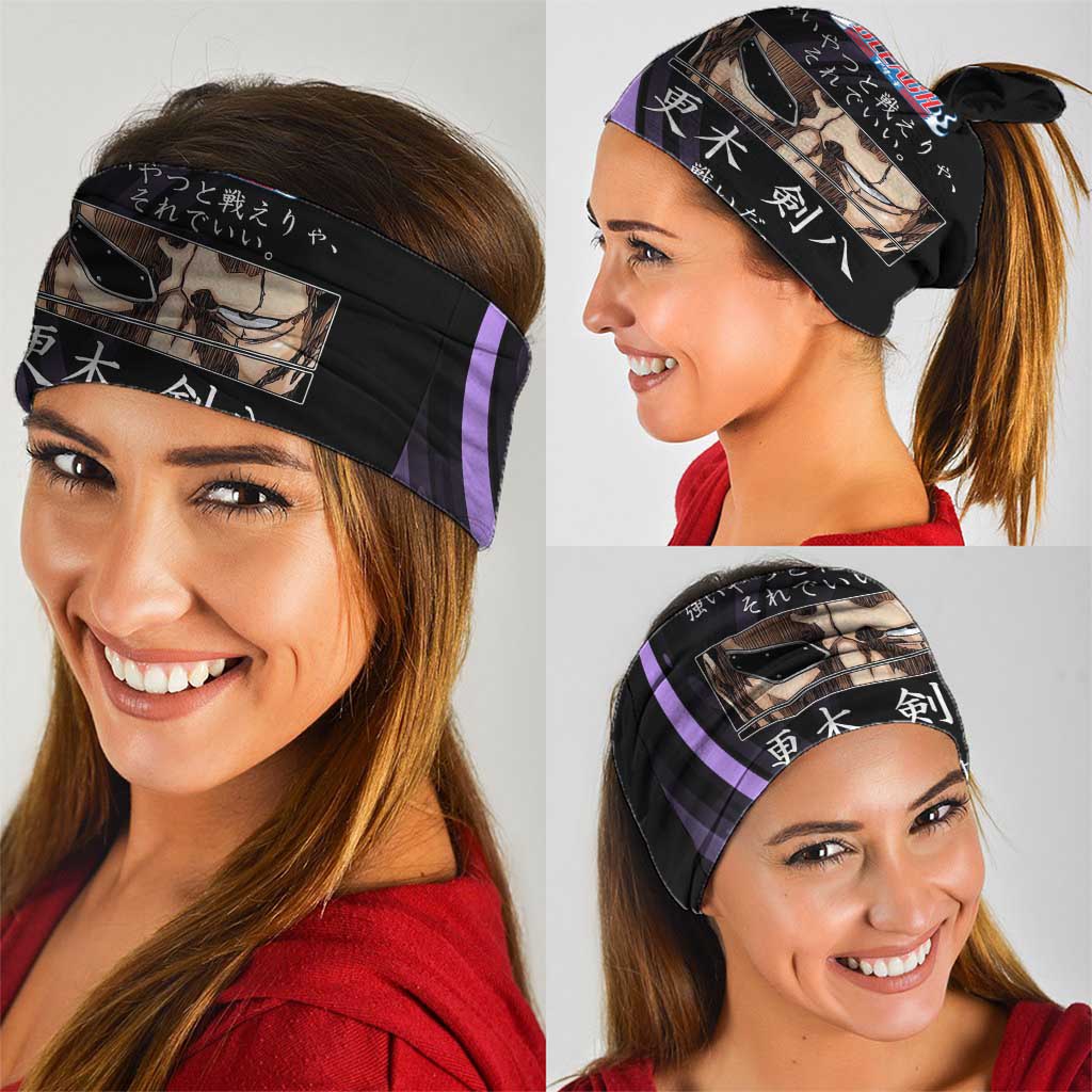 Kenpachi Zaraki Bleach Anime Black and Purple Theme Neck Gaiter with Battle Stance and Japanese Quote Design - The Mazicc