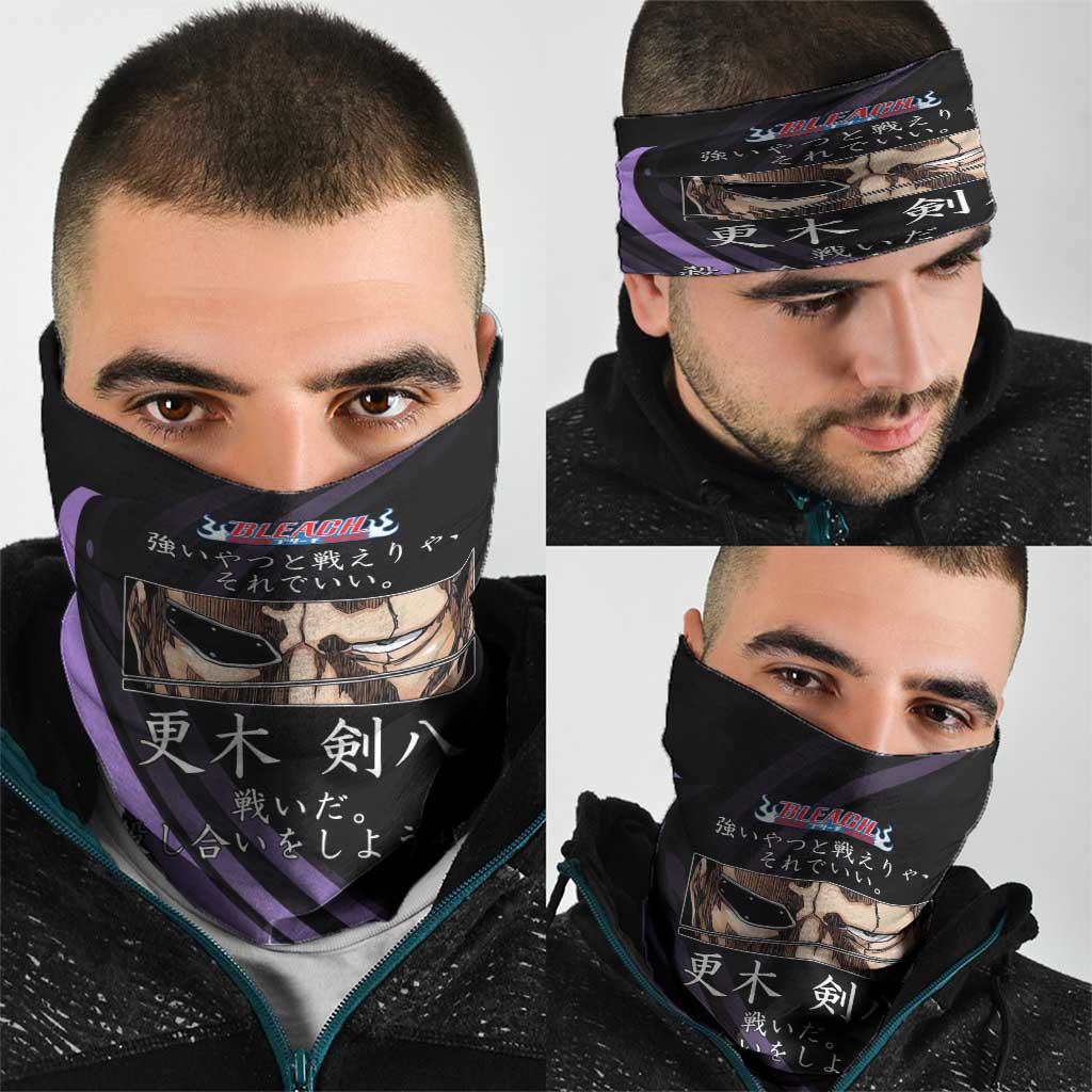 Kenpachi Zaraki Bleach Anime Black and Purple Theme Neck Gaiter with Battle Stance and Japanese Quote Design - The Mazicc