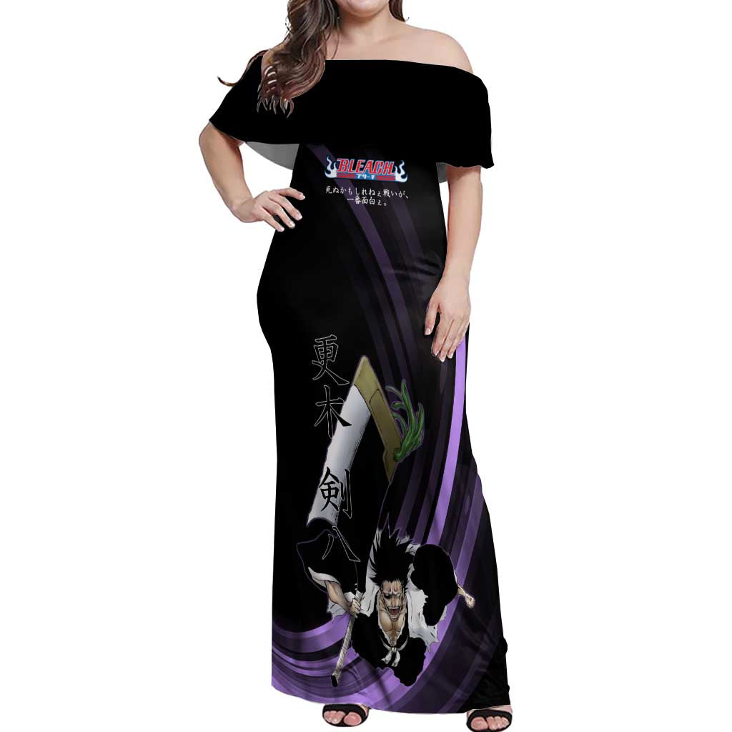 Kenpachi Zaraki Bleach Anime Black and Purple Theme Off Shoulder Maxi Dress with Battle Stance and Japanese Quote Design - The Mazicc
