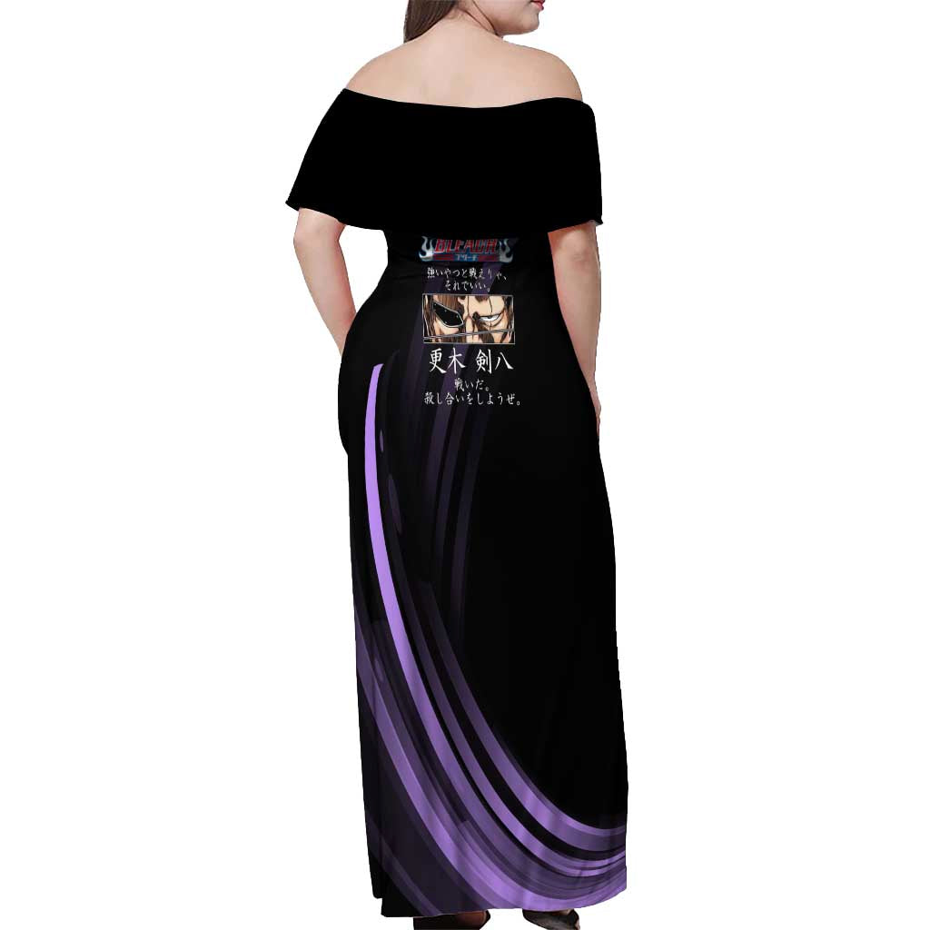 Kenpachi Zaraki Bleach Anime Black and Purple Theme Off Shoulder Maxi Dress with Battle Stance and Japanese Quote Design - The Mazicc